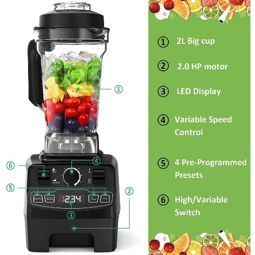 Homgeek - High Speed Professional Blender- Led Display - 2000W - 2L
