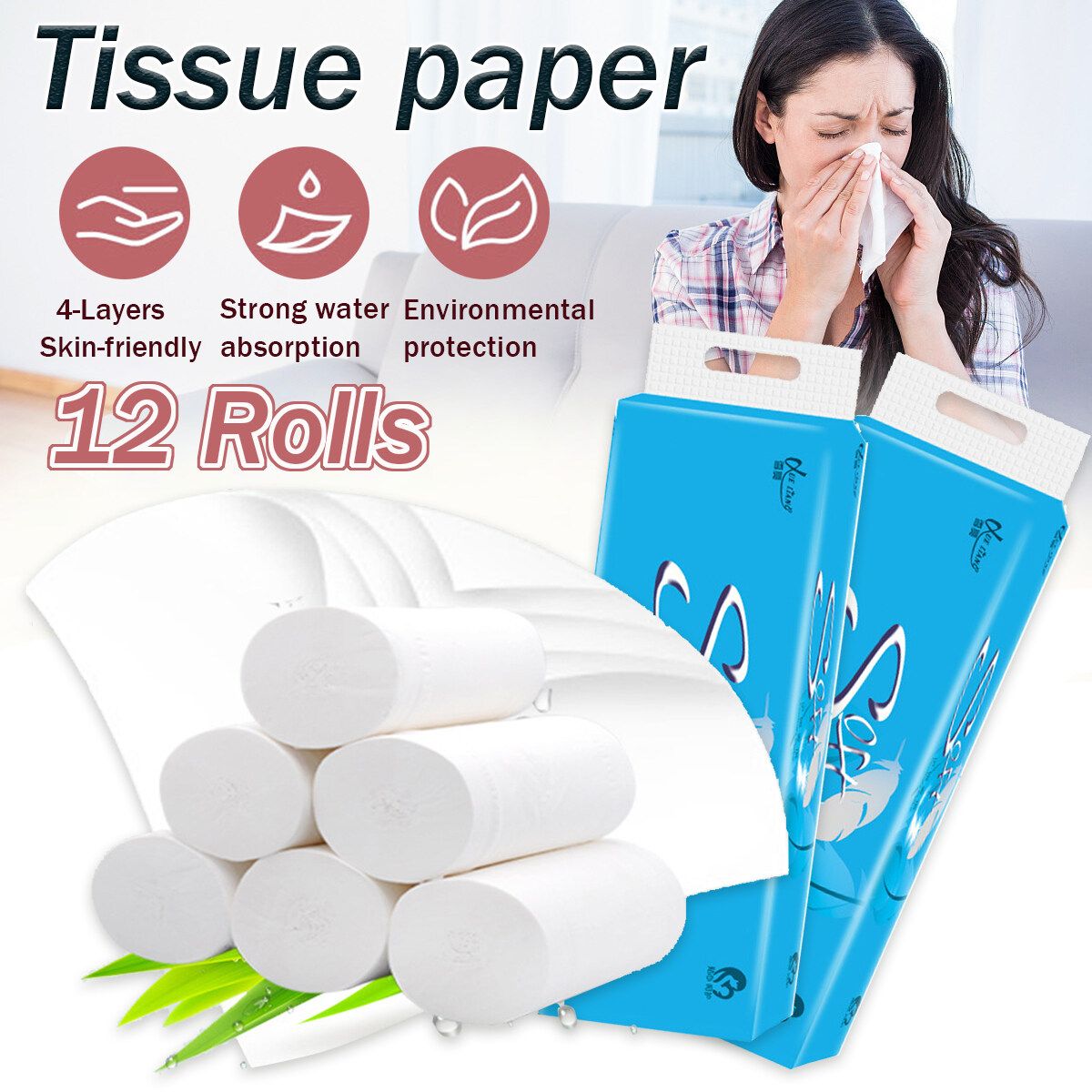 12 Rolls Toilet Paper Household Paper Towel Roll Wood Pulp Tissue Paper