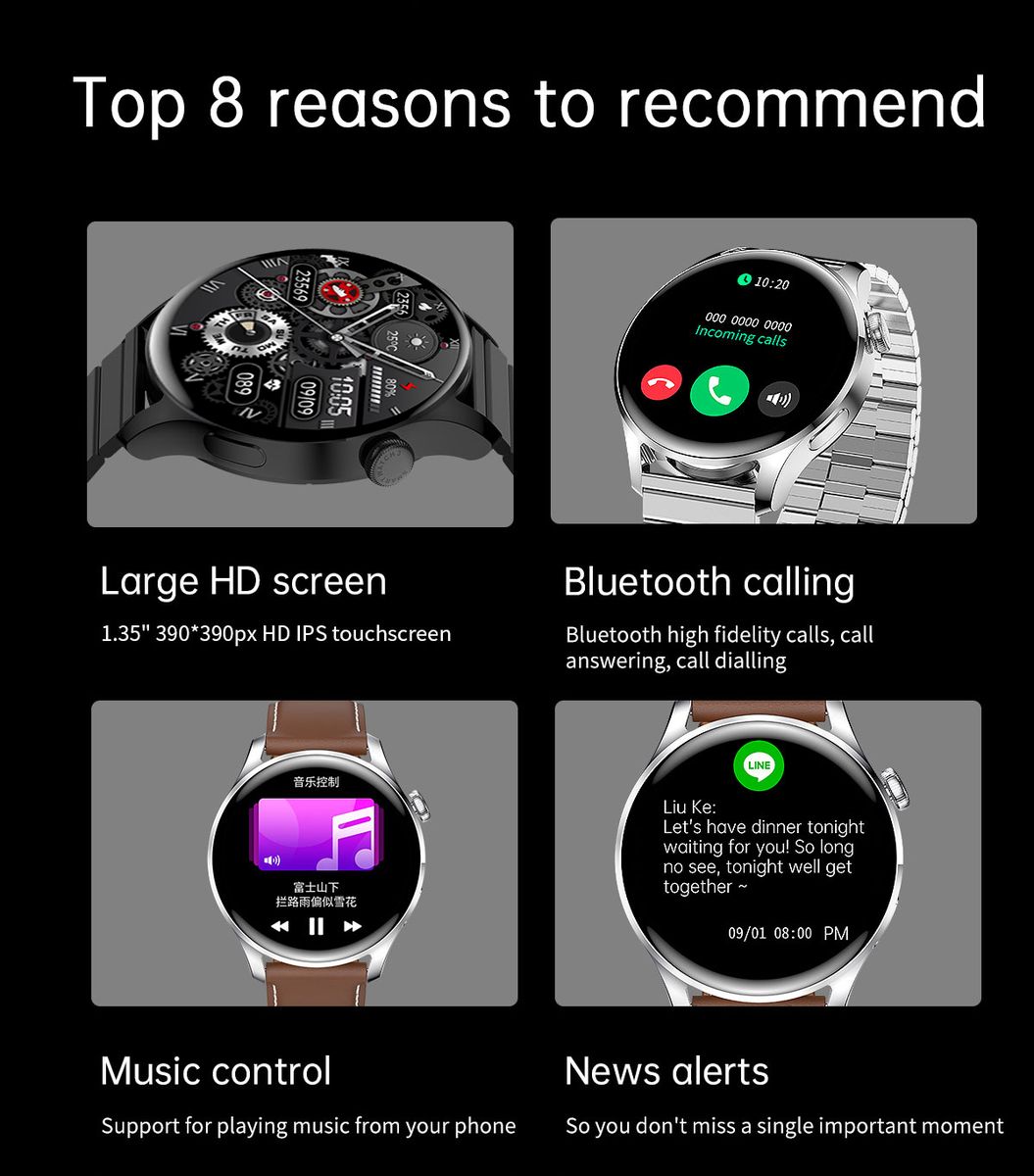JW3 Fitness Tracker Smart Watch Men 390*390 Smartwatch Android IOS Waterproof Full Touch Heart Rate Blood Pressure(#Black Leather)