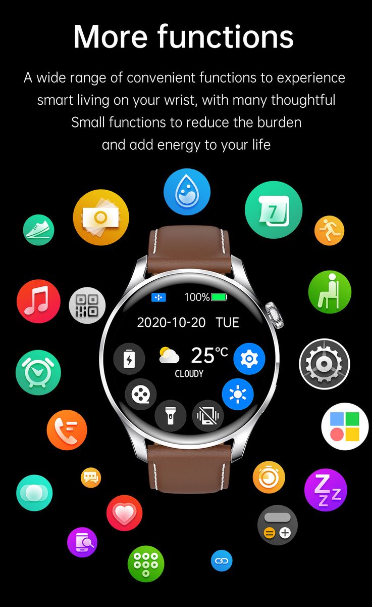 JW3 Fitness Tracker Smart Watch Men 390*390 Smartwatch Android IOS Waterproof Full Touch Heart Rate Blood Pressure(#Black Leather)