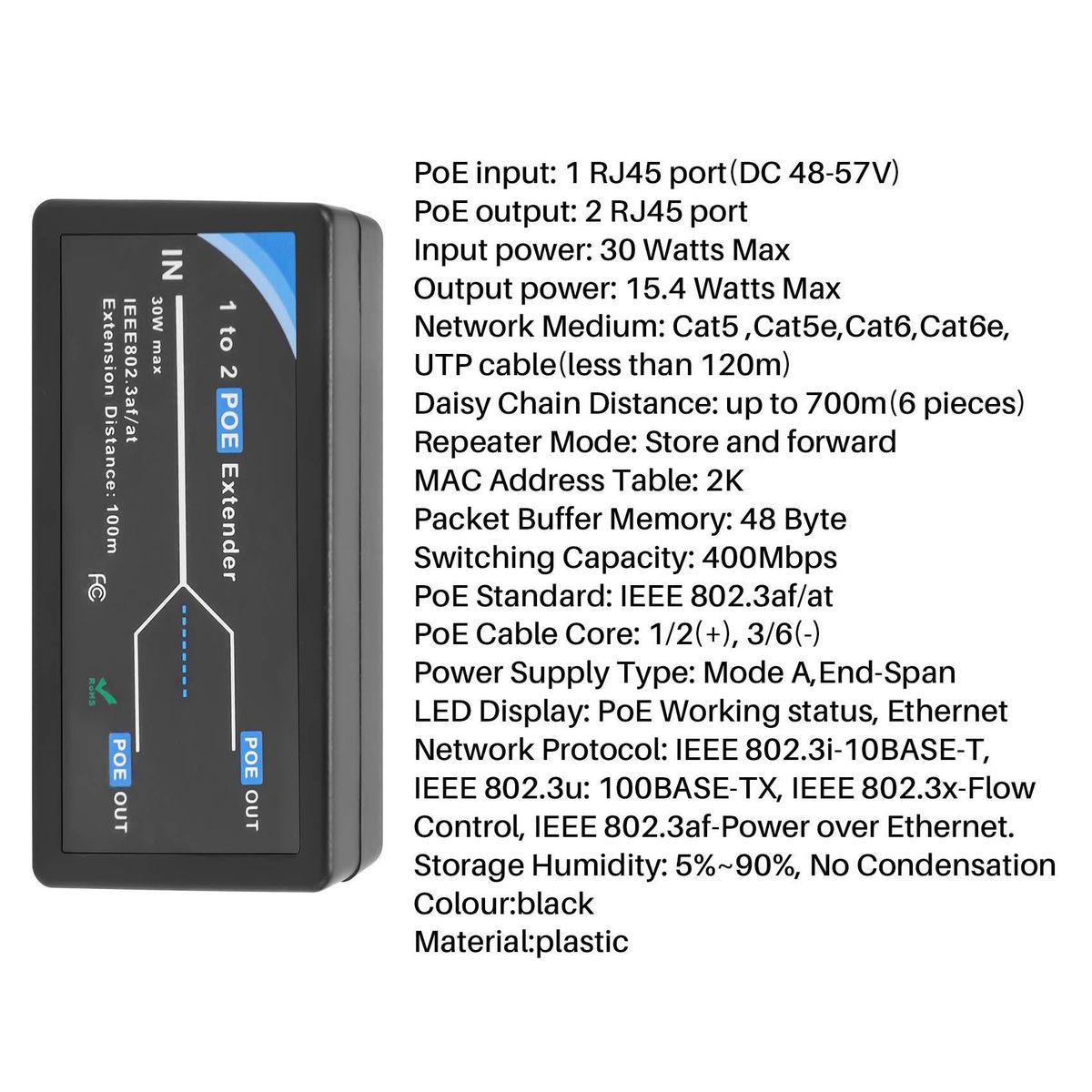 2 Port POE Extender 10/100Mbps with IEEE 802.3Af Standard Input / Output for IP Camera Extend 100 Meters for POE Range