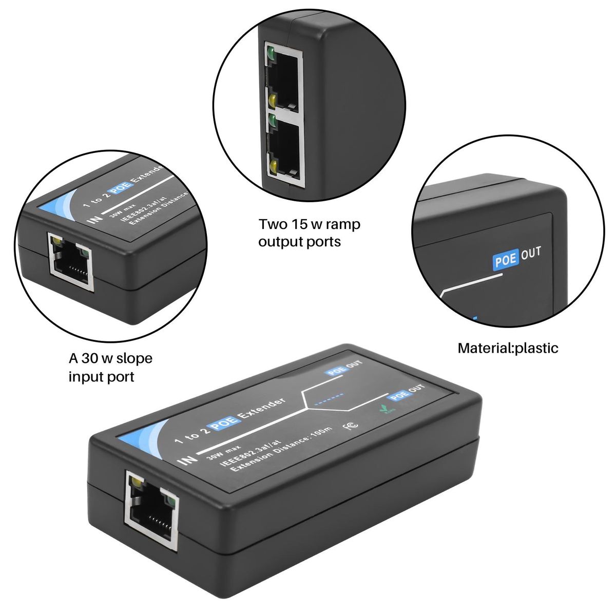 2 Port POE Extender 10/100Mbps with IEEE 802.3Af Standard Input / Output for IP Camera Extend 100 Meters for POE Range