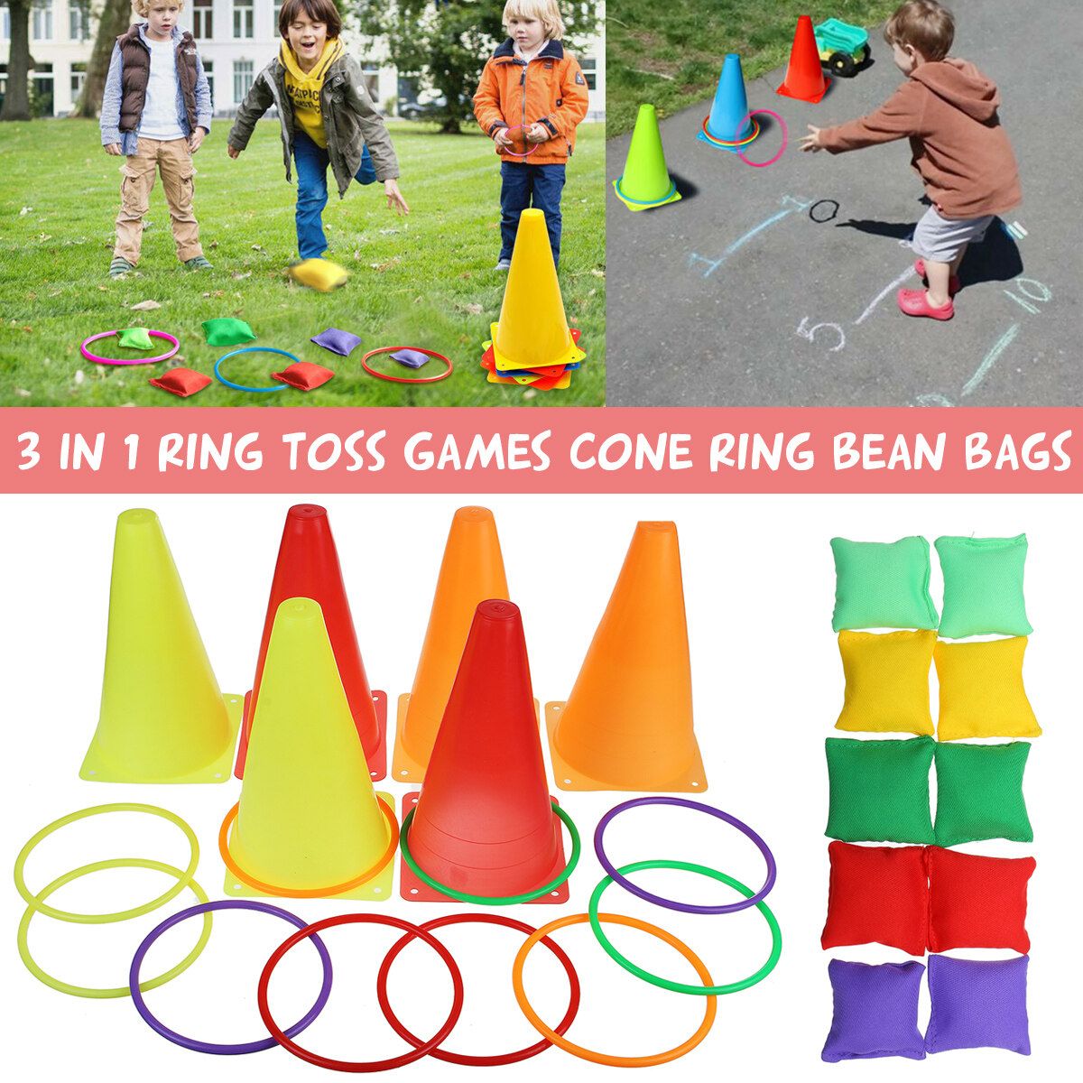 3 In 1 Cone Bean Bags Ring Toss Game Traffic Throw Hoop Family Outdoor Games Children's Toy