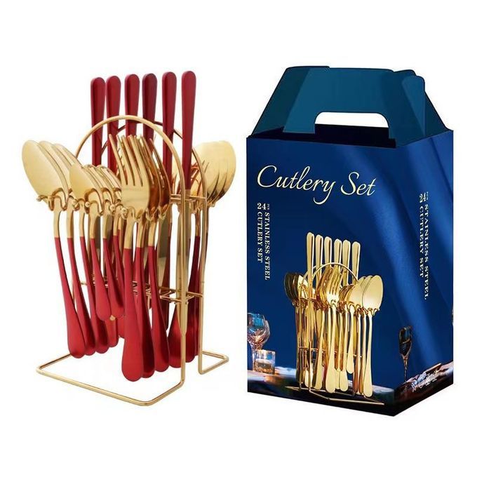 24 Pcs Gold Spoon & Fork-Plated Stainless Steel SET & RACK.