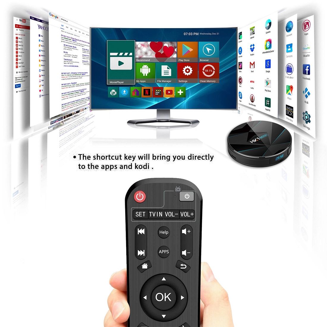 HK1MINI+ 4K HD Smart TV BOX,Android 9.0,RK3318 Quad-Core 64bit Cortex-A53 ,2GB+16GB, Support TF Card, HDMI, WIFI, AV, LAN, USB (Black)