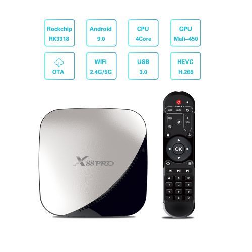 X88 PRO 4K HD Smart TV Box With Remote Controller, Android 9.0 RK3318 Quad-Core 64bit Cortex-A53 , 4GB+64GB, Support Dual Band WiFi & AV & HDMI & RJ45 & TF Card & SPDIF