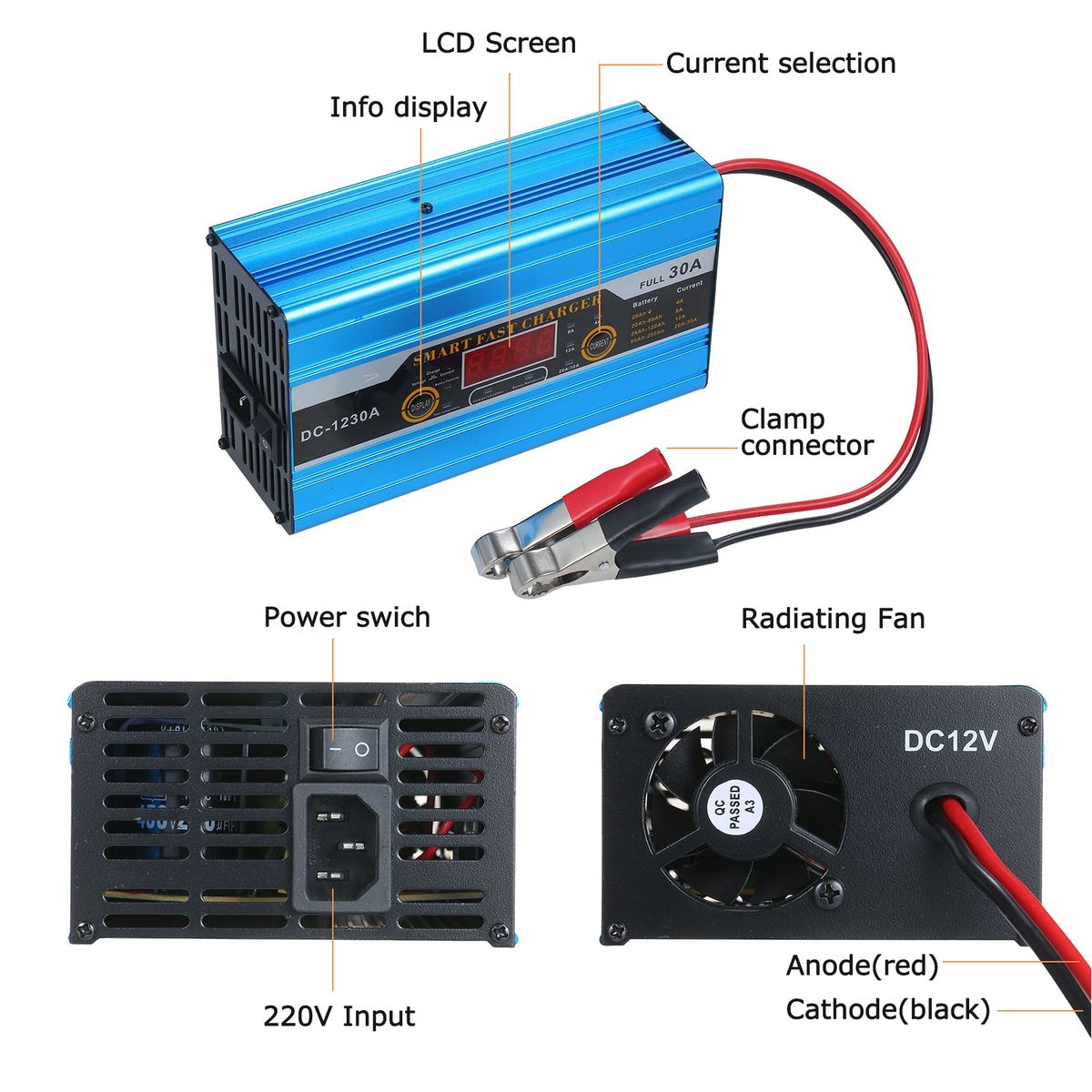 Smart Fast Charger 12V 30A Battery Charger With Digital LCD