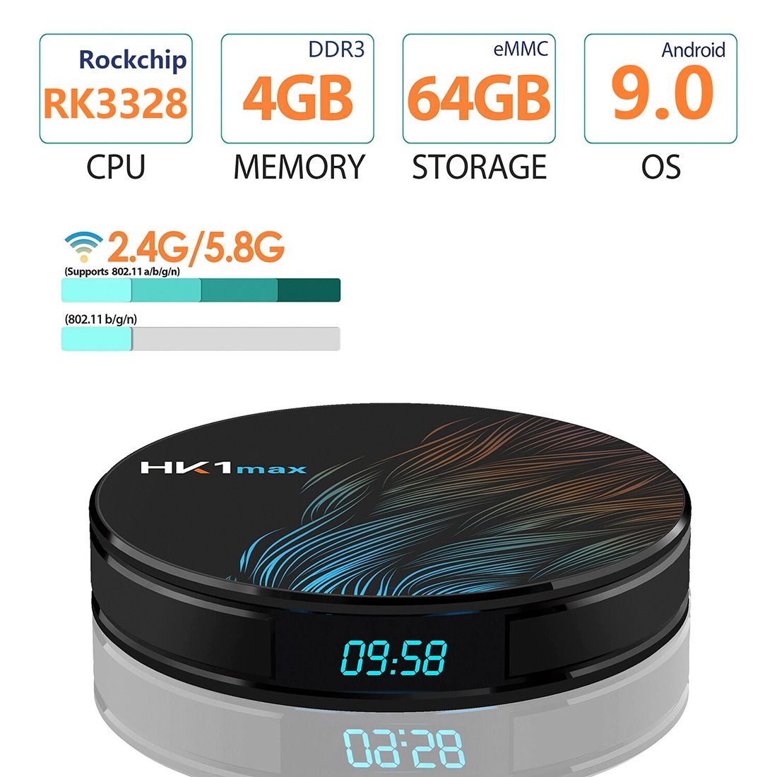 HK1max 4K UHD Smart TV Box With Remote Controller, Android 9.0 RK3328 Quad-Core 64bit Cortex-A53, 4GB+64GB, Support Dual Band WiFi & AV & HDMI & RJ45 & TF Card (Black)