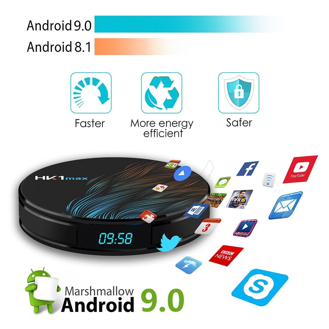 HK1max 4K UHD Smart TV Box With Remote Controller, Android 9.0 RK3328 Quad-Core 64bit Cortex-A53, 4GB+64GB, Support Dual Band WiFi & AV & HDMI & RJ45 & TF Card (Black)