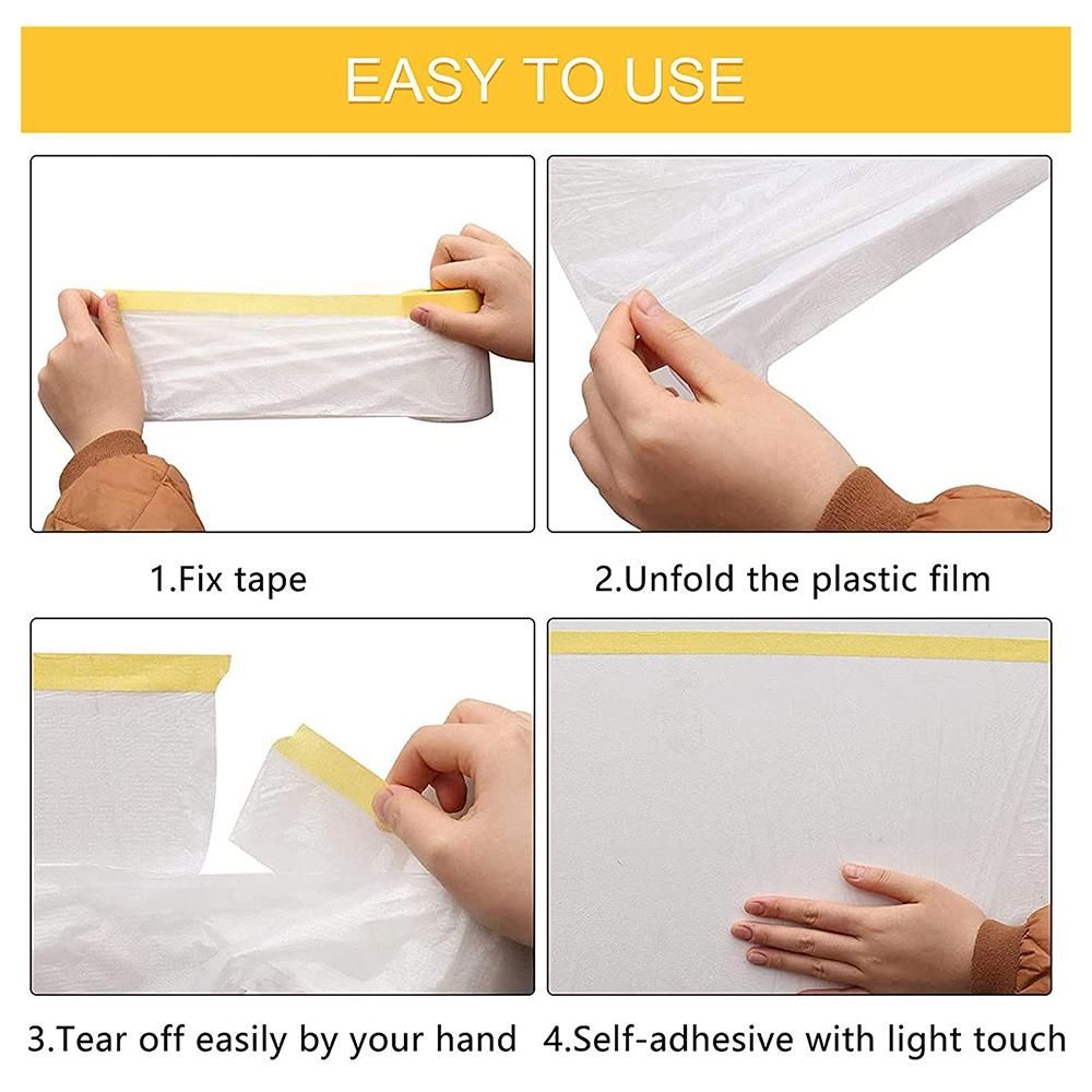 Dust Sheets Roll, Plastic Masking Film Rolls Drape Masking Film with Self-Adhesive Tape for Painting Furniture Covering