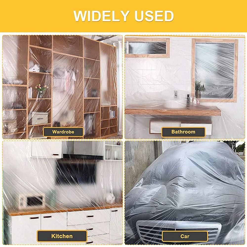 Dust Sheets Roll, Plastic Masking Film Rolls Drape Masking Film with Self-Adhesive Tape for Painting Furniture Covering