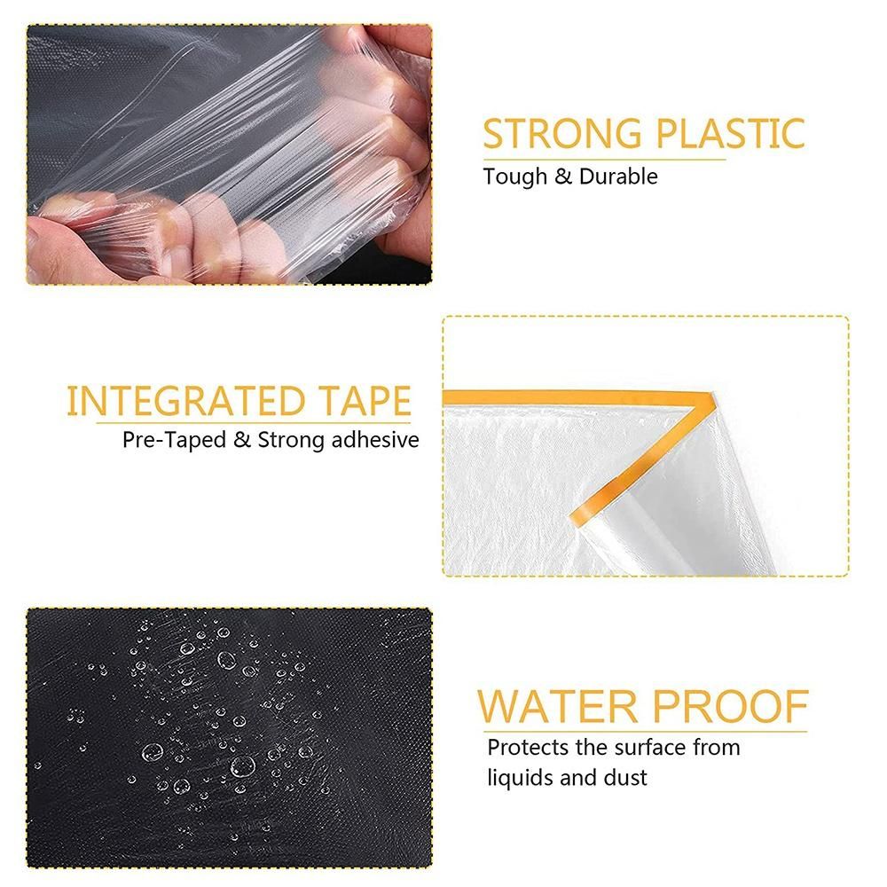 Dust Sheets Roll, Plastic Masking Film Rolls Drape Masking Film with Self-Adhesive Tape for Painting Furniture Covering