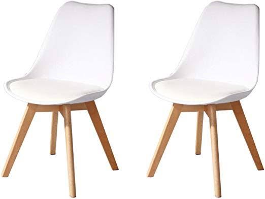 Padded Seat Plastic Chair In Wood Legs( Set Of 2) White