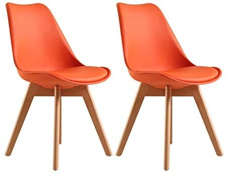 Padded Seat Plastic Chair In Wood Legs( Set Of 2) Orange