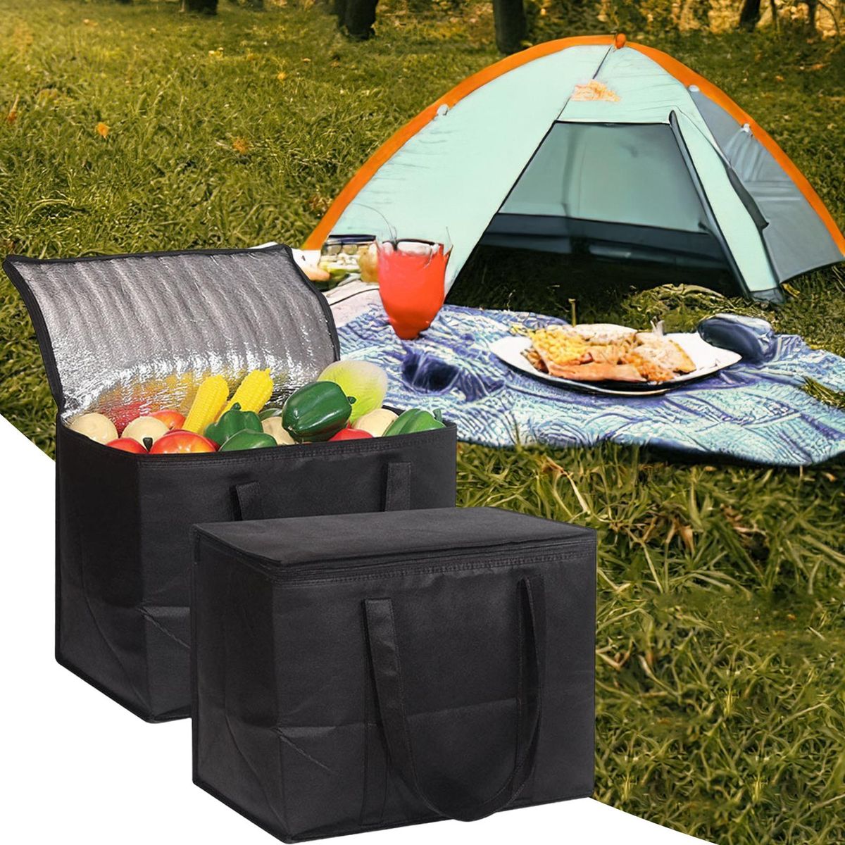 Picnic Insulation Bag Lunch Box Cooler Aluminum Foil Bento Bag Camping Tool Black