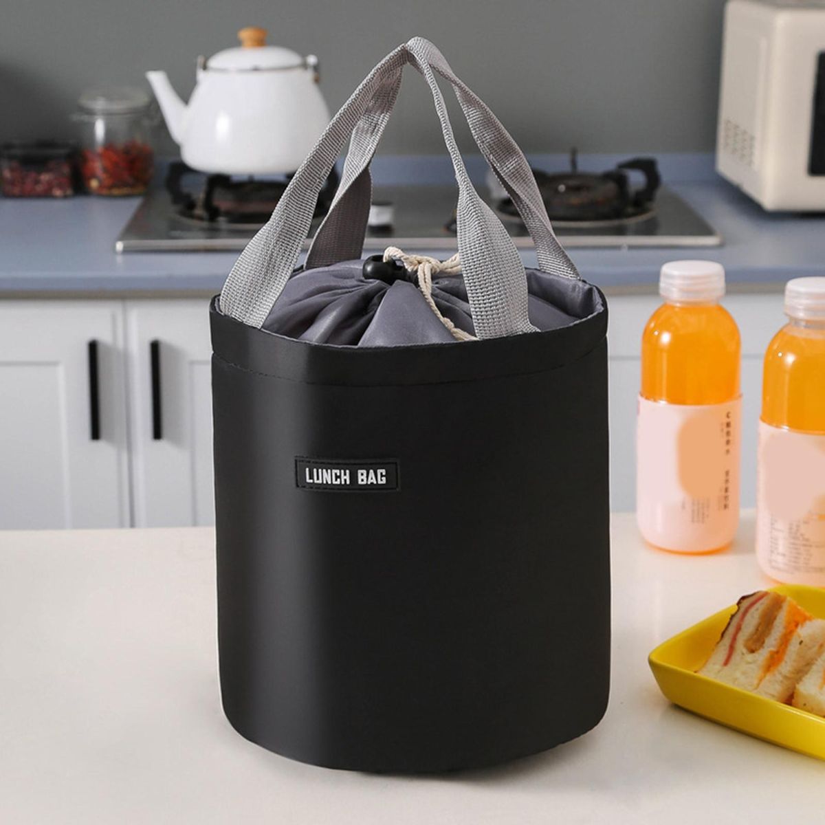 Lunch Bag Round Thermal Jar Container Black