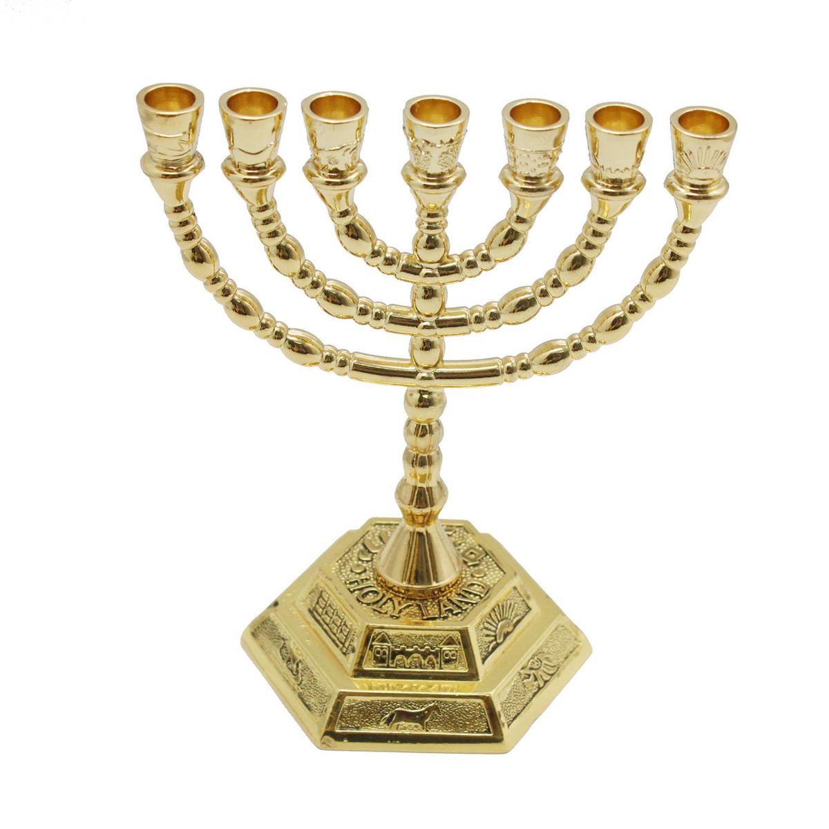 7 Branch Menorah Candle Holder Jerusalem Temple 12 Tribes of Israel Menorah with Aaron Rod Manna Vessel and Tablets 5.11-inch Height Antique Hanukkah Candle Stand for Jewish Holiday Party Decor Gold