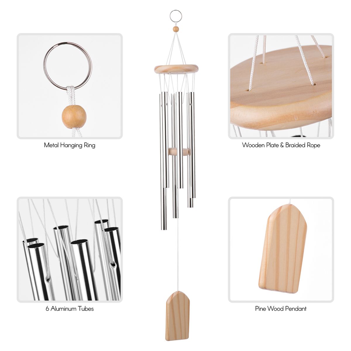 Wooden Wind Chimes 6 Aluminum Tubes Pine Wood For Bedroom