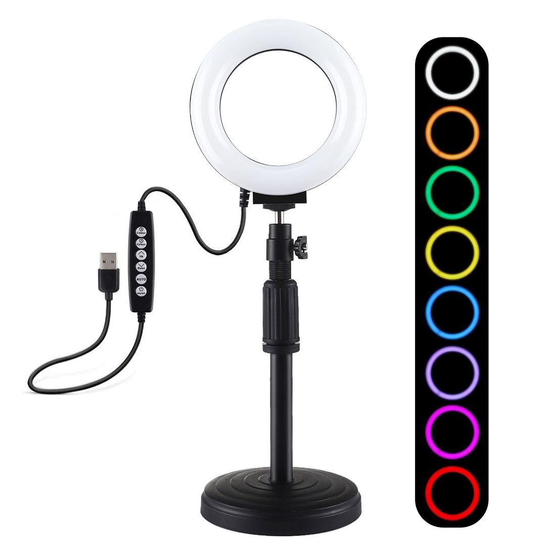 PULUZ 4.7 Inch 12cm USB 10 Modes 8 Colors RGBW Dimmable LED Ring Vlogging Photography Video Lights + Round Base Desktop Mount With Cold Shoe Tripod Ball Head (Black)