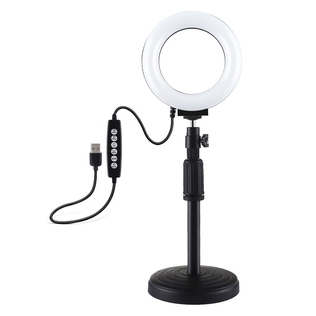 PULUZ 4.7 Inch 12cm USB 10 Modes 8 Colors RGBW Dimmable LED Ring Vlogging Photography Video Lights + Round Base Desktop Mount With Cold Shoe Tripod Ball Head (Black)