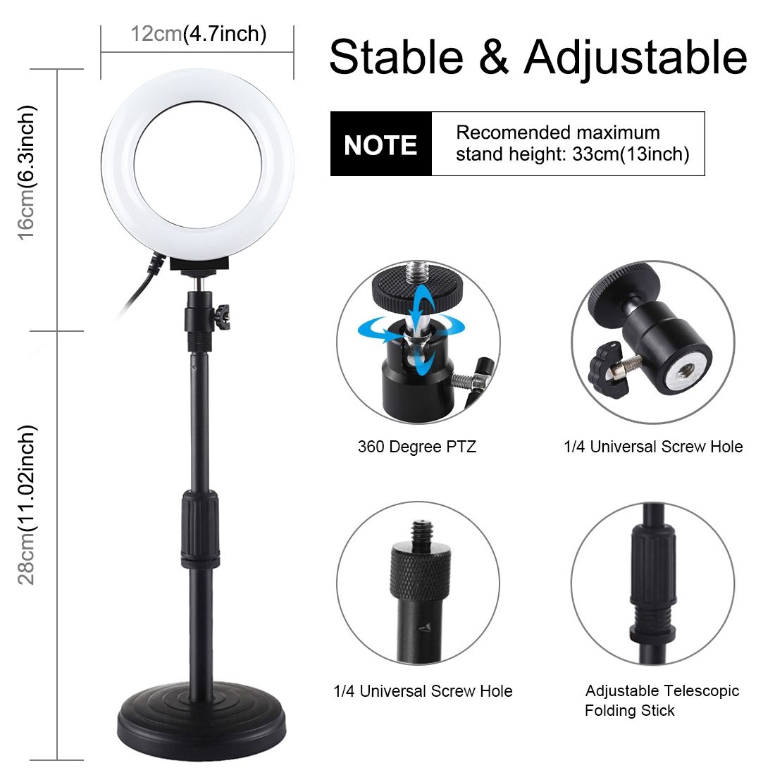 PULUZ 4.7 Inch 12cm USB 10 Modes 8 Colors RGBW Dimmable LED Ring Vlogging Photography Video Lights + Round Base Desktop Mount With Cold Shoe Tripod Ball Head (Black)
