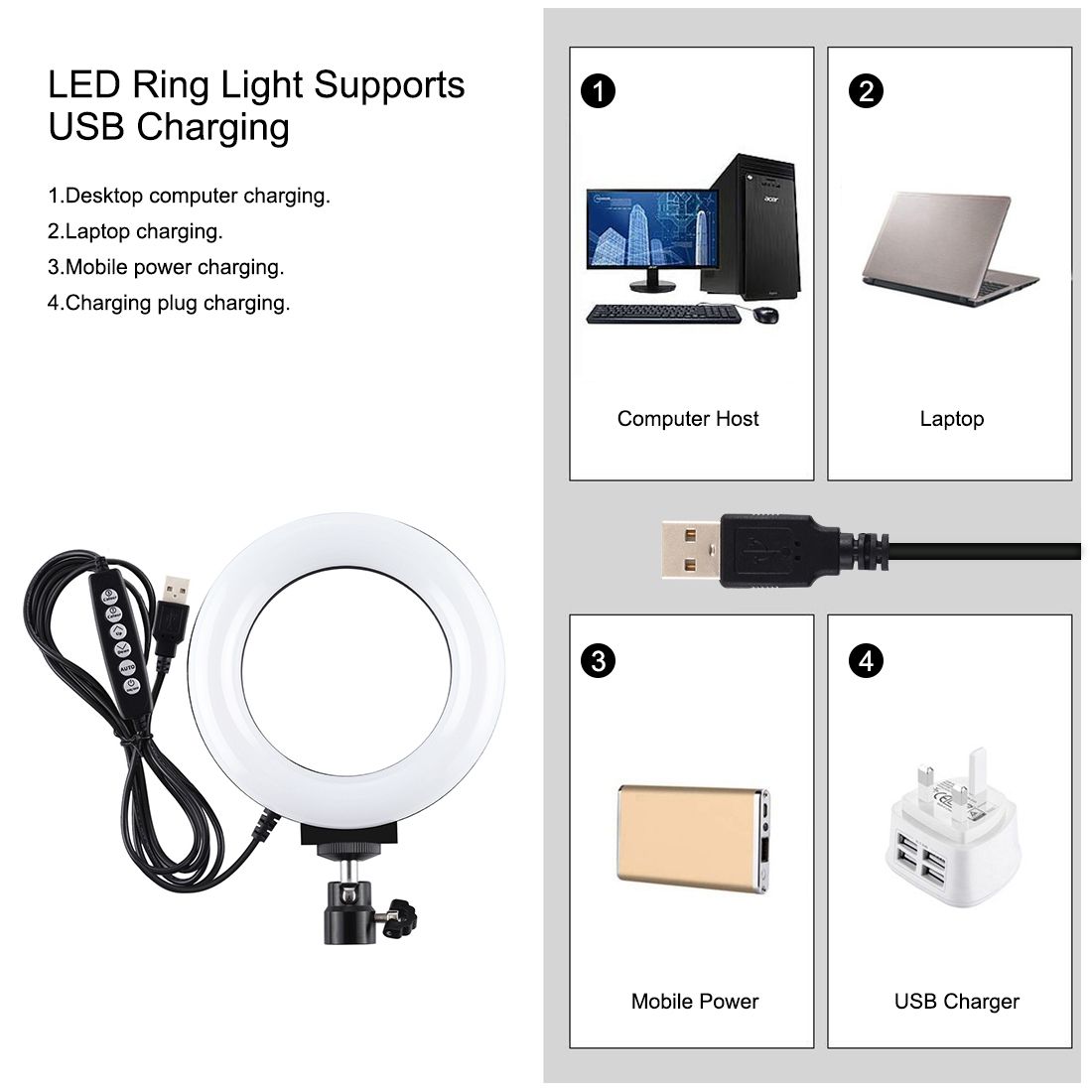 PULUZ 4.7 Inch 12cm USB 10 Modes 8 Colors RGBW Dimmable LED Ring Vlogging Photography Video Lights + Round Base Desktop Mount With Cold Shoe Tripod Ball Head (Black)