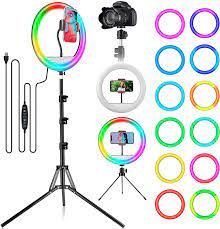 10 Inch Ring Light & Tripod Stand & Phone Holder Dimmable RGB LED Selfie E Videos