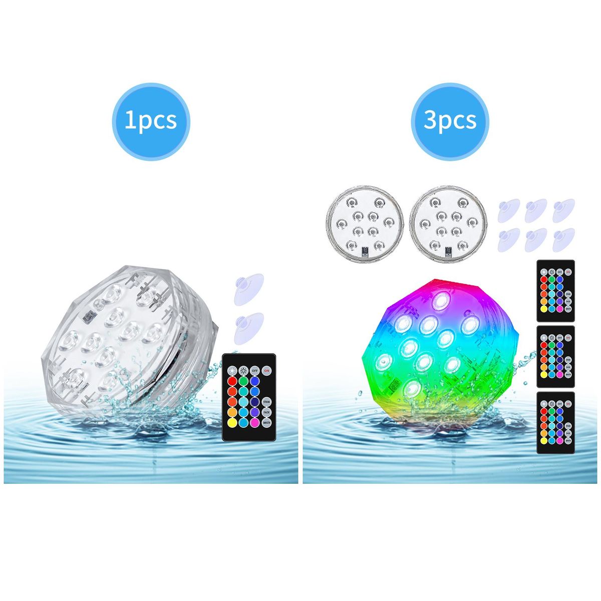 3PCS Submersible LED Lights with Remotes RGB 15 Colors Waterproof Pond Lights Underwater Lights for Swimming Pool Hot Tub Party Vase Fish Tank
