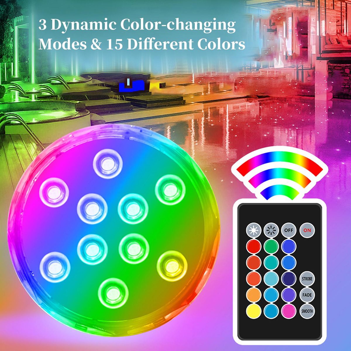 3PCS Submersible LED Lights with Remotes RGB 15 Colors Waterproof Pond Lights Underwater Lights for Swimming Pool Hot Tub Party Vase Fish Tank