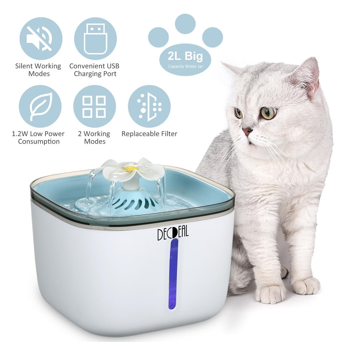 2L Automatic C-at Water Fountain Electric Pet Drinker Bowl Dispenser 2 Flowing Modes Indicator Pilot Lamp USB Powered Operated Portable for Home Daily Use