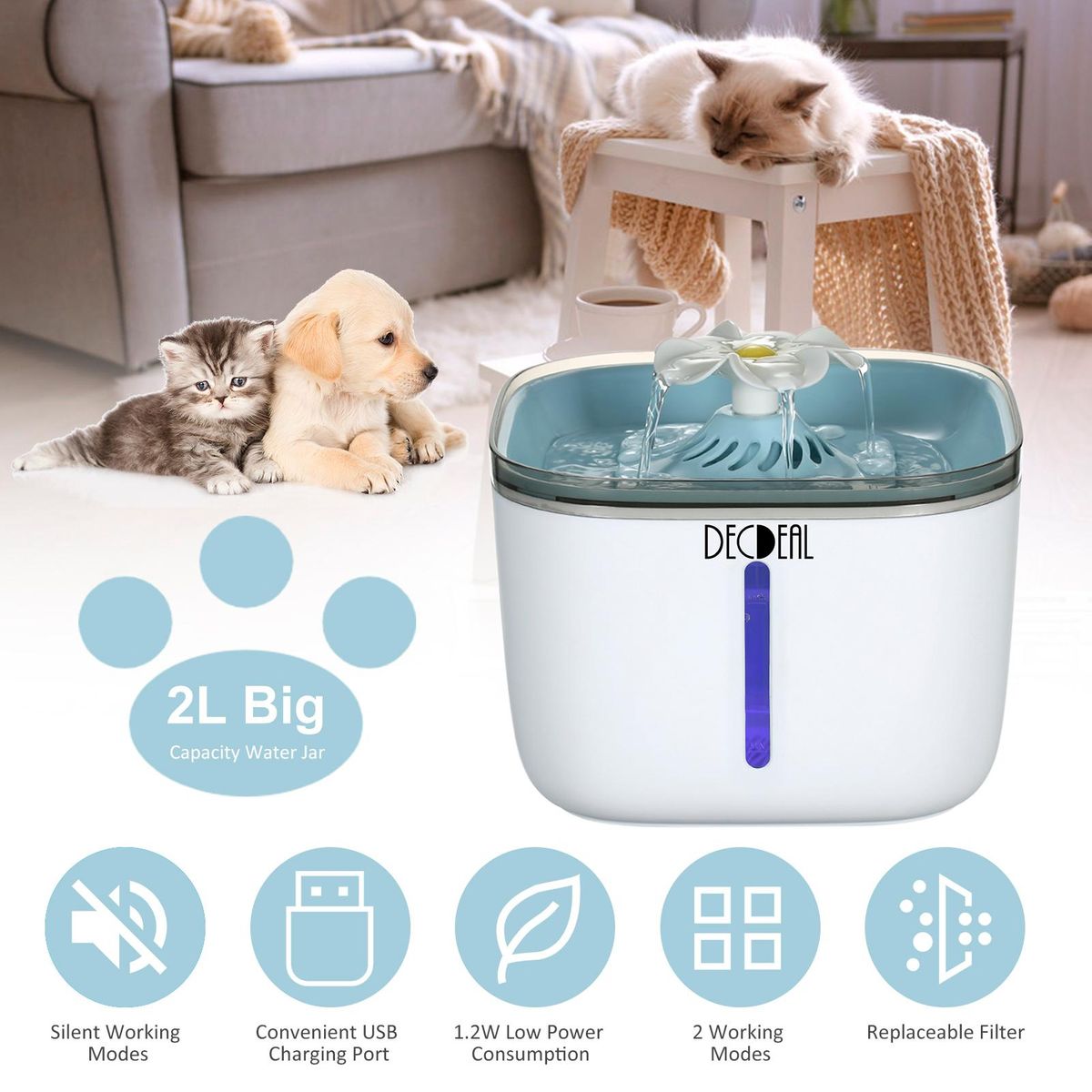 2L Automatic C-at Water Fountain Electric Pet Drinker Bowl Dispenser 2 Flowing Modes Indicator Pilot Lamp USB Powered Operated Portable for Home Daily Use