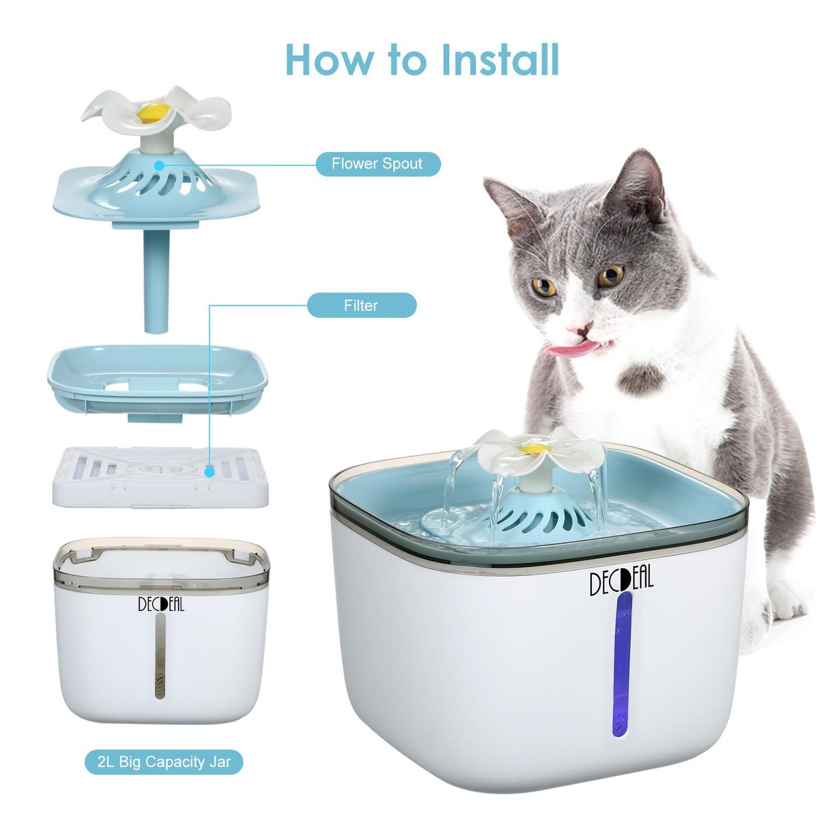 2L Automatic C-at Water Fountain Electric Pet Drinker Bowl Dispenser 2 Flowing Modes Indicator Pilot Lamp USB Powered Operated Portable for Home Daily Use