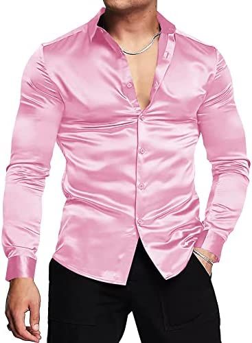 Men's Pink Button Down Satin Silk Dress Male Casual Long Sleeve Outing Shirt