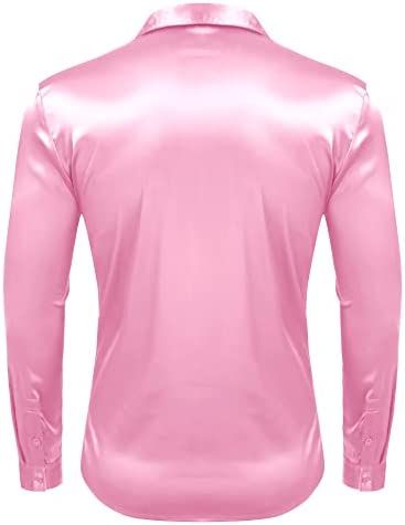 Men's Pink Button Down Satin Silk Dress Male Casual Long Sleeve Outing Shirt