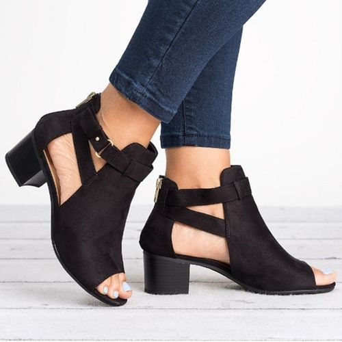 Ladies Platform High Thick Heel Big Size Sandals Open Toe Ankle Buckle Black