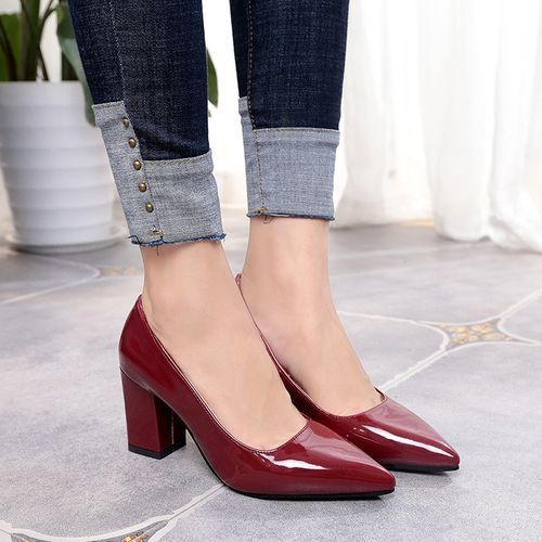 Ladies Pointed Thick Heel High Heels Shallow Mouth Daily Dress Party Shoes-Wine Red