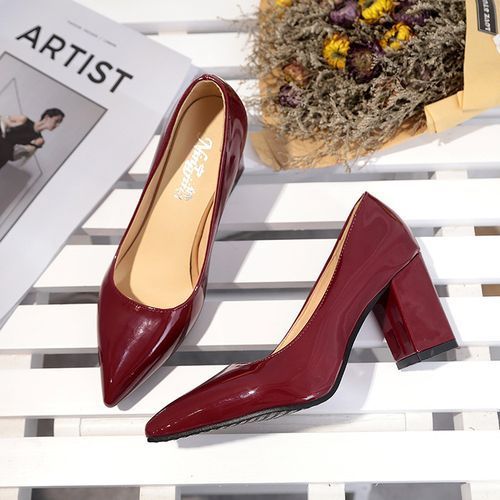 Ladies Pointed Thick Heel High Heels Shallow Mouth Daily Dress Party Shoes-Wine Red