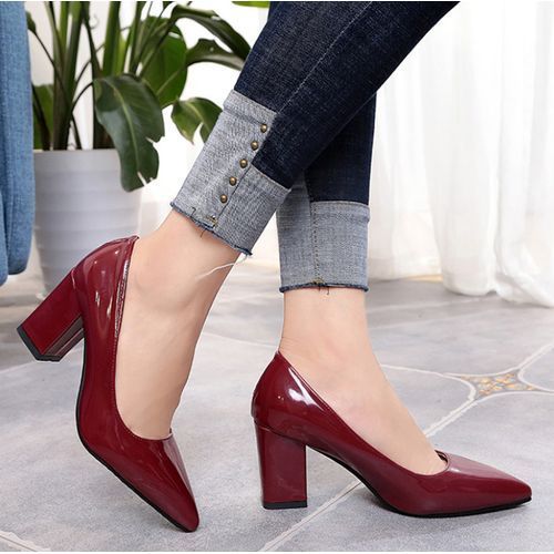 Ladies Pointed Thick Heel High Heels Shallow Mouth Daily Dress Party Shoes-Wine Red