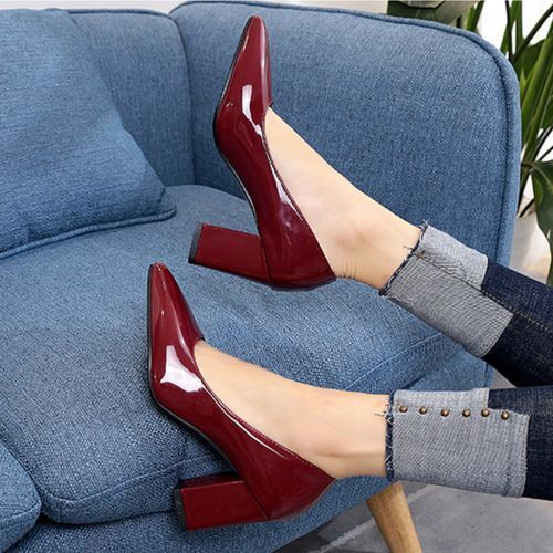 Ladies Pointed Thick Heel High Heels Shallow Mouth Daily Dress Party Shoes-Wine Red
