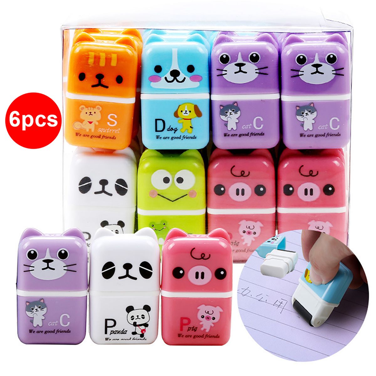 6pcs Cute Animal Pencil Eraser Cartoon Small Roller Erasers