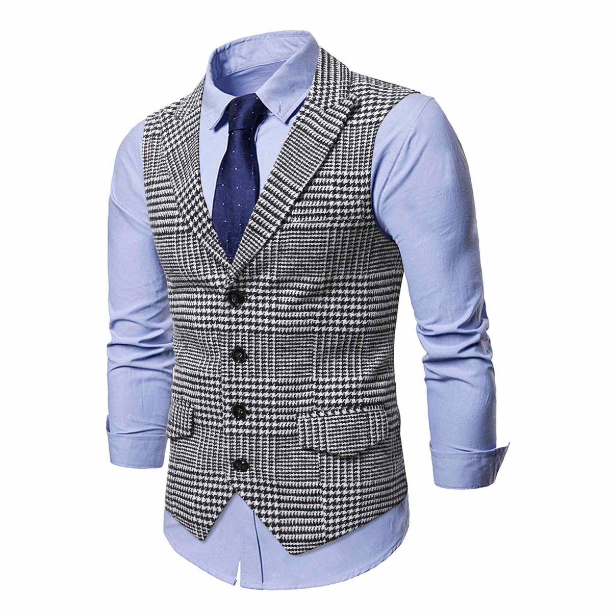 (Black White)Mens Suit Vest Fashion Slim Fit Thin Plaid Men Waistcoat Tops Business Vest Waistcoat Man England Style Male Casual Suits Vests DOU