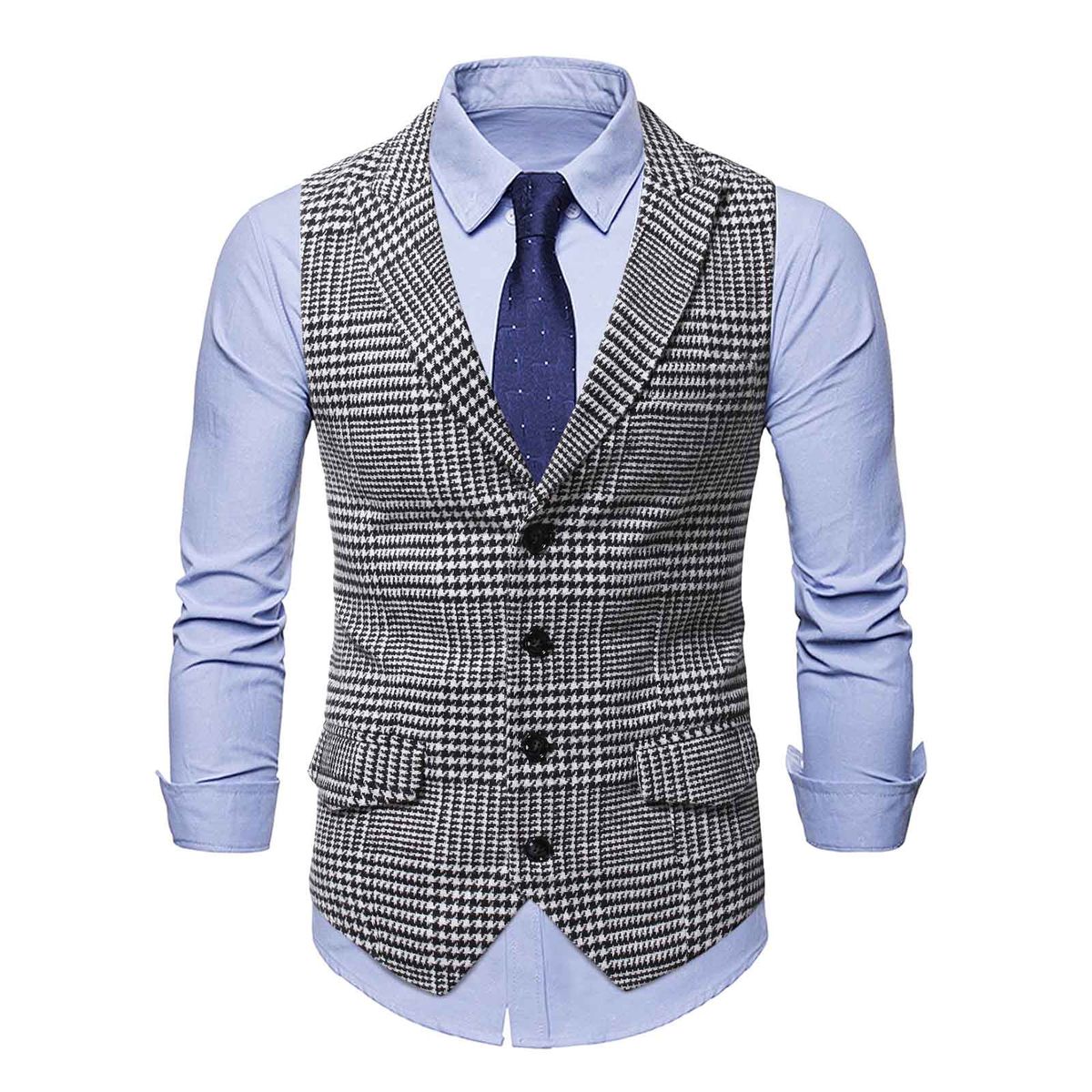 (Black White)Mens Suit Vest Fashion Slim Fit Thin Plaid Men Waistcoat Tops Business Vest Waistcoat Man England Style Male Casual Suits Vests DOU