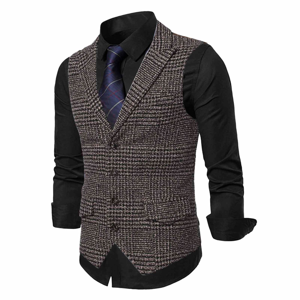 (Black White)Mens Suit Vest Fashion Slim Fit Thin Plaid Men Waistcoat Tops Business Vest Waistcoat Man England Style Male Casual Suits Vests DOU