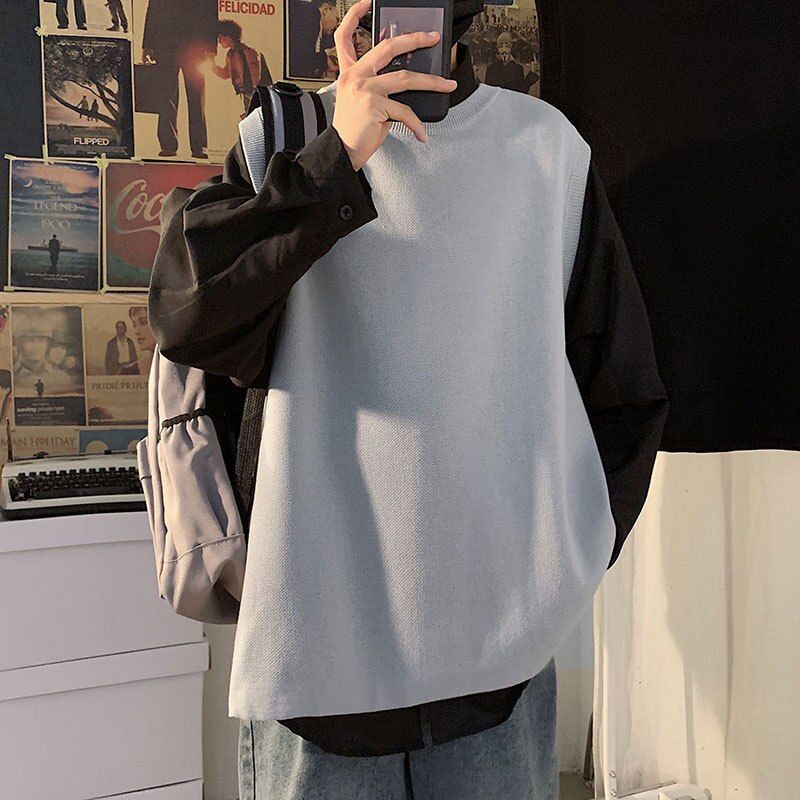 Designer Sweater Vests Men On Side-slit Solid Loose Hipster Japanese Teenagers
