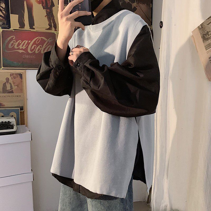 Designer Sweater Vests Men On Side-slit Solid Loose Hipster Japanese Teenagers