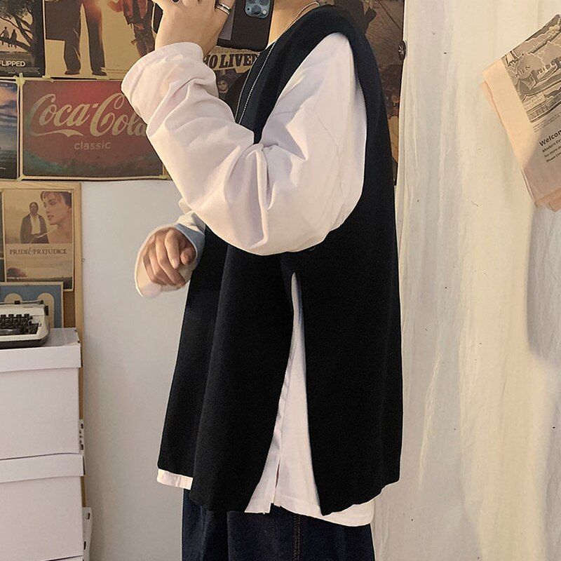 Designer Sweater Vests Men On Side-slit Solid Loose Hipster Japanese Teenagers