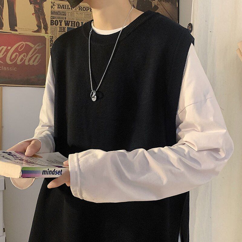 Designer Sweater Vests Men On Side-slit Solid Loose Hipster Japanese Teenagers