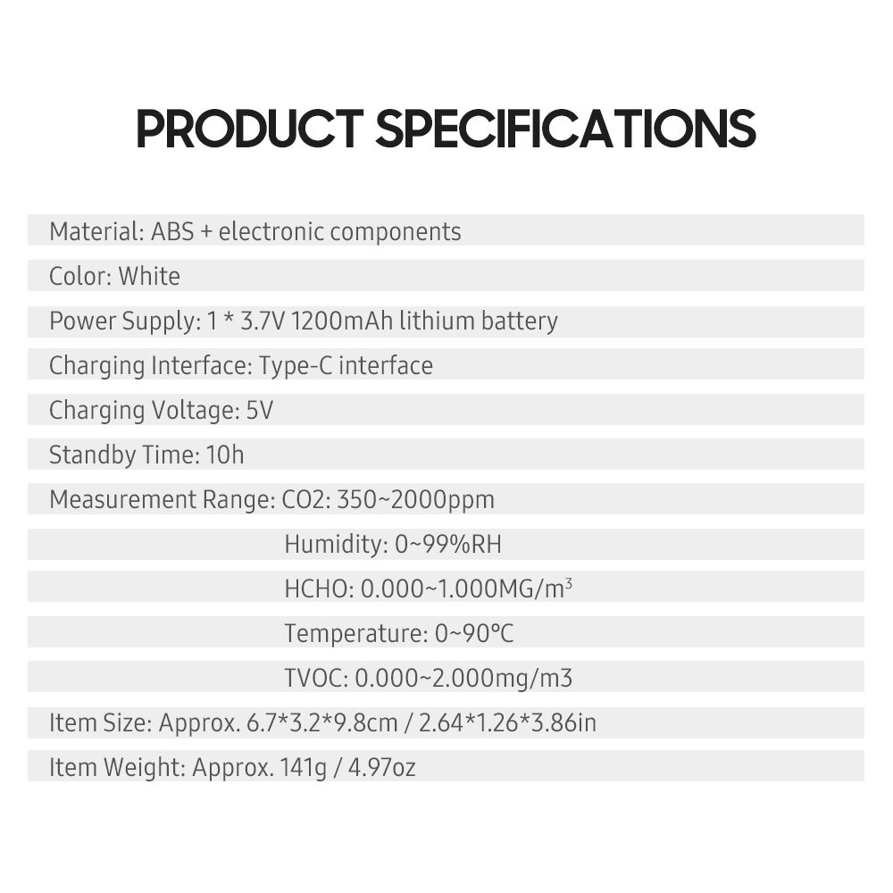 USB Rechargeable Air Quality Tester Monitoring CO2 / TVOC /