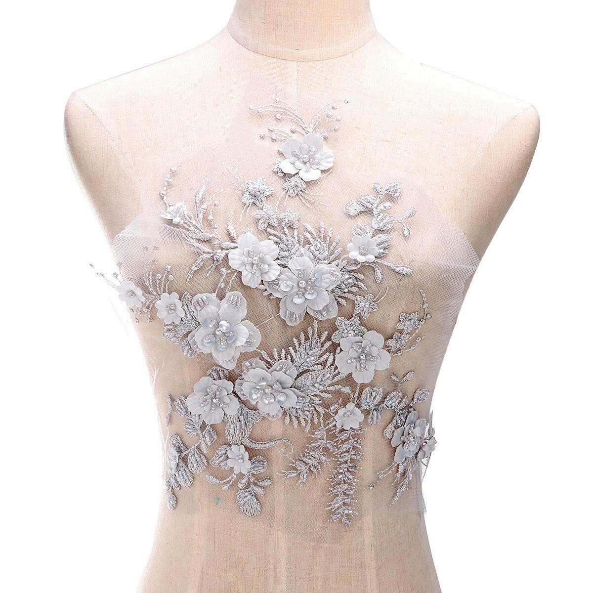 1x Wedding Dress Lace Fabric 3D Flowers Pearl Beaded Lace Applique DIY Craft Grey
