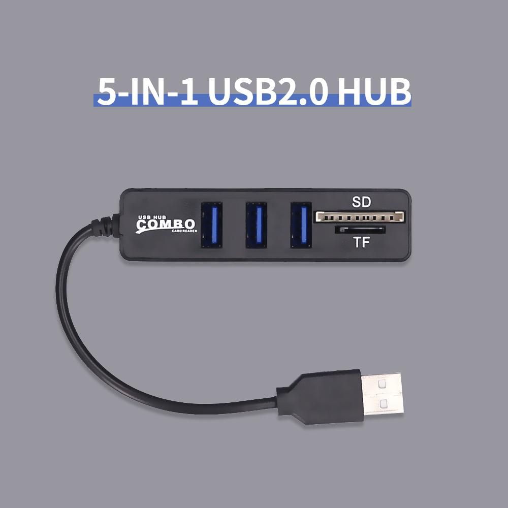 5-in-1 Multifunctional USB2.0 Hub Converter with TF SD Card Slots Support USB Fan Mouse Keyboard Mobile Hard Disk U Disk Black